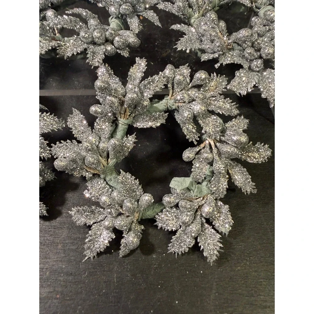 Silver Glitter Berry Leaf Napkin Rings Set of 6 Holiday Christmas Table Decor